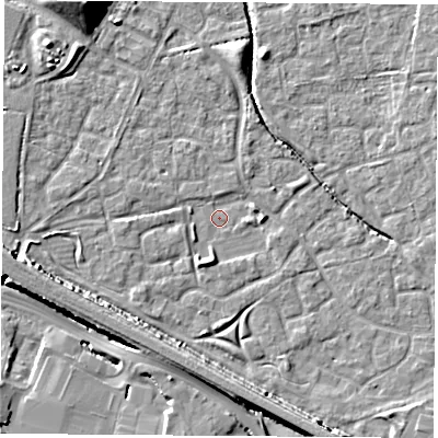 Shaded relief map of the ground around OX117LH, computed from Environment Agency LiDAR. The ground here sits at about 50 m above sea level and falls 14 m across the surrounding 800 m. Surface water reaching this point runs off ground lying to the west-south-west, 7.4 m higher.