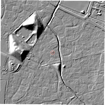 Shaded relief map of the ground around OX117LR, computed from Environment Agency LiDAR. The ground here sits at about 50 m above sea level and falls 16 m across the surrounding 800 m. Surface water reaching this point runs off ground lying to the north-west, 14.7 m higher.
