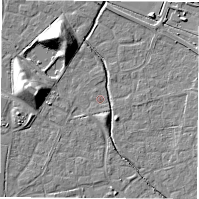 Shaded relief map of the ground around OX117LS, computed from Environment Agency LiDAR. The ground here sits at about 50 m above sea level and falls 16 m across the surrounding 800 m. Surface water reaching this point runs off ground lying to the south-south-east, 2.8 m higher.