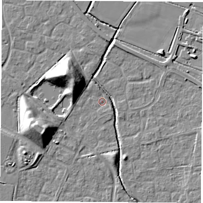Shaded relief map of the ground around OX117NP, computed from Environment Agency LiDAR. The ground here sits at about 50 m above sea level and falls 16 m across the surrounding 800 m. Surface water reaching this point runs off ground lying to the north-west, 14.7 m higher.