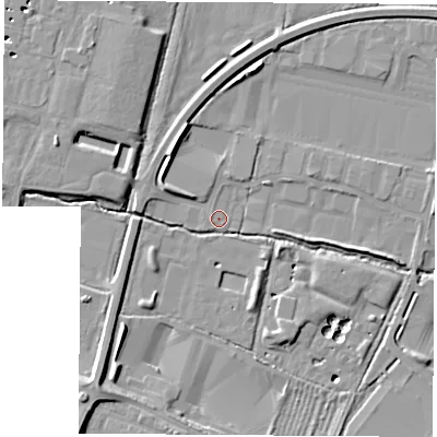 Shaded relief map of the ground around OX117PL, computed from Environment Agency LiDAR. The ground here sits at about 52 m above sea level and falls 13 m across the surrounding 800 m. Surface water reaching this point runs off ground lying to the west-north-west, 4.5 m higher.