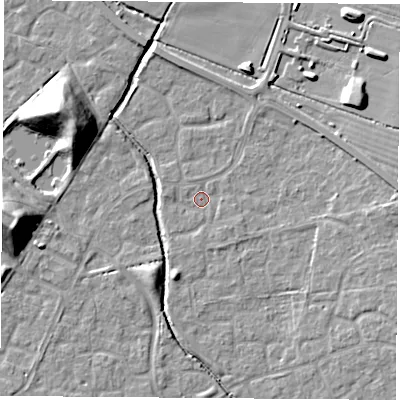 Shaded relief map of the ground around OX117PQ, computed from Environment Agency LiDAR. The ground here sits at about 50 m above sea level and falls 16 m across the surrounding 800 m. Surface water reaching this point runs off ground lying to the south-east, 1.1 m higher.