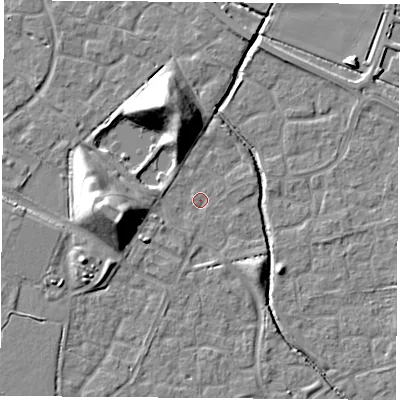 Shaded relief map of the ground around OX117PS, computed from Environment Agency LiDAR. The ground here sits at about 50 m above sea level and falls 16 m across the surrounding 800 m. Surface water reaching this point runs off ground lying to the west-south-west, 12.9 m higher.