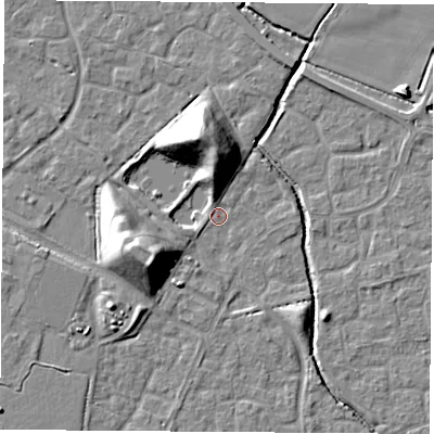 Shaded relief map of the ground around OX117PT, computed from Environment Agency LiDAR. The ground here sits at about 50 m above sea level and falls 16 m across the surrounding 800 m. Surface water reaching this point runs off ground lying to the north-north-west, 14.7 m higher.