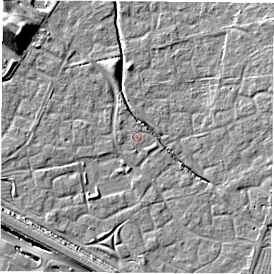 Shaded relief map of the ground around OX117PU, computed from Environment Agency LiDAR. The ground here sits at about 50 m above sea level and falls 14 m across the surrounding 800 m. Surface water reaching this point runs off ground lying to the west, 0.7 m higher.