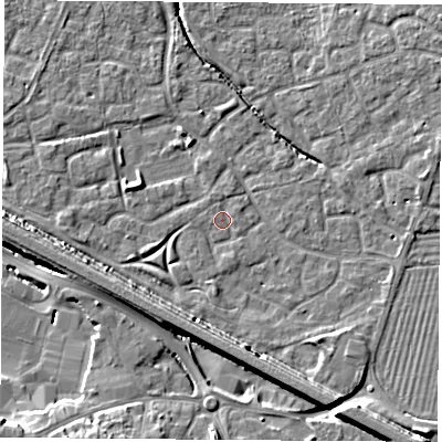 Shaded relief map of the ground around OX117QD, computed from Environment Agency LiDAR. The ground here sits at about 51 m above sea level and falls 13 m across the surrounding 800 m. Surface water reaching this point runs off ground lying to the west, 6.9 m higher.