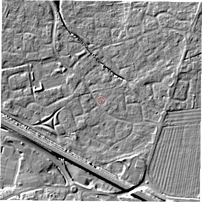 Shaded relief map of the ground around OX117QH, computed from Environment Agency LiDAR. The ground here sits at about 51 m above sea level and falls 11 m across the surrounding 800 m. Surface water reaching this point runs off ground lying to the south, 6.8 m higher.