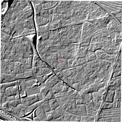 Shaded relief map of the ground around OX117QY, computed from Environment Agency LiDAR. The ground here sits at about 50 m above sea level and falls 9 m across the surrounding 800 m. Surface water reaching this point runs off ground lying to the east-north-east, 4.5 m higher.