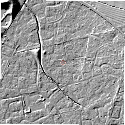 Shaded relief map of the ground around OX117QZ, computed from Environment Agency LiDAR. The ground here sits at about 50 m above sea level and falls 16 m across the surrounding 800 m. Surface water reaching this point runs off ground lying to the west-south-west, 1.1 m higher.
