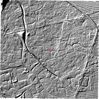 Shaded relief map of the ground around OX117RA, computed from Environment Agency LiDAR. The ground here sits at about 50 m above sea level and falls 13 m across the surrounding 800 m. Surface water reaching this point runs off ground lying to the east, 2.4 m higher.