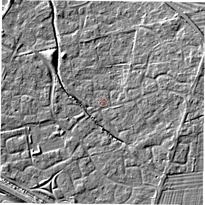 Shaded relief map of the ground around OX117RD, computed from Environment Agency LiDAR. The ground here sits at about 50 m above sea level and falls 9 m across the surrounding 800 m. Surface water reaching this point runs off ground lying to the east-north-east, 4.6 m higher.