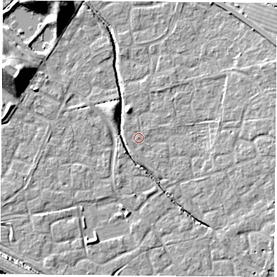 Shaded relief map of the ground around OX117RG, computed from Environment Agency LiDAR. The ground here sits at about 50 m above sea level and falls 14 m across the surrounding 800 m. Surface water reaching this point runs off ground lying to the south-south-west, 1.1 m higher.