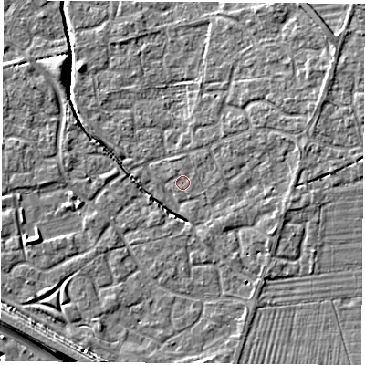 Shaded relief map of the ground around OX117RJ, computed from Environment Agency LiDAR. The ground here sits at about 50 m above sea level and falls 9 m across the surrounding 800 m. Surface water reaching this point runs off ground lying to the north-east, 0.8 m higher.