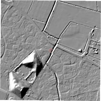 Shaded relief map of the ground around OX117RL, computed from Environment Agency LiDAR. The ground here sits at about 50 m above sea level and falls 16 m across the surrounding 800 m. Surface water reaching this point runs off ground lying to the west-south-west, 15.8 m higher.