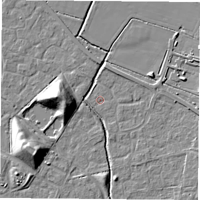 Shaded relief map of the ground around OX117RN, computed from Environment Agency LiDAR. The ground here sits at about 50 m above sea level and falls 16 m across the surrounding 800 m. Surface water reaching this point runs off ground lying to the north-west, 0.7 m higher.