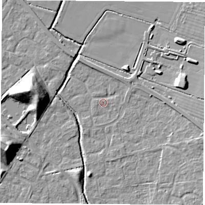 Shaded relief map of the ground around OX117RP, computed from Environment Agency LiDAR. The ground here sits at about 50 m above sea level and falls 16 m across the surrounding 800 m. Surface water reaching this point runs off ground lying to the north, 1.7 m higher.