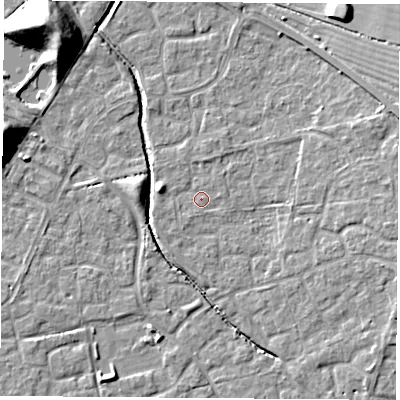 Shaded relief map of the ground around OX117RQ, computed from Environment Agency LiDAR. The ground here sits at about 50 m above sea level and falls 16 m across the surrounding 800 m. Surface water reaching this point runs off ground lying to the east, 0.7 m higher.