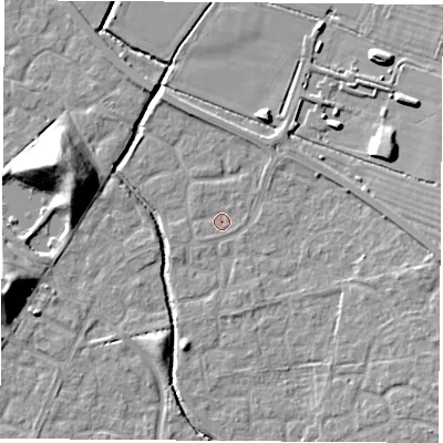 Shaded relief map of the ground around OX117RR, computed from Environment Agency LiDAR. The ground here sits at about 50 m above sea level and falls 16 m across the surrounding 800 m. Surface water reaching this point runs off ground lying to the east, 4.1 m higher.