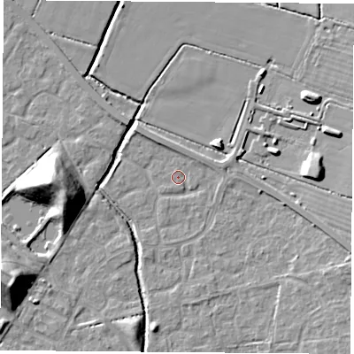 Shaded relief map of the ground around OX117RS, computed from Environment Agency LiDAR. The ground here sits at about 50 m above sea level and falls 16 m across the surrounding 800 m. Surface water reaching this point runs off ground lying to the north-east, 0.7 m higher.