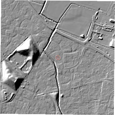 Shaded relief map of the ground around OX117RW, computed from Environment Agency LiDAR. The ground here sits at about 50 m above sea level and falls 16 m across the surrounding 800 m. Surface water reaching this point runs off ground lying to the east, 2.8 m higher.