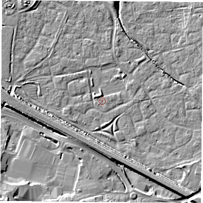 Shaded relief map of the ground around OX117RY, computed from Environment Agency LiDAR. The ground here sits at about 51 m above sea level and falls 16 m across the surrounding 800 m. The ground contributing surface water to this point lies to the east-south-east.