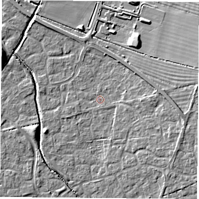 Shaded relief map of the ground around OX117RZ, computed from Environment Agency LiDAR. The ground here sits at about 50 m above sea level and falls 10 m across the surrounding 800 m. Surface water reaching this point runs off ground lying to the east, 4.9 m higher.