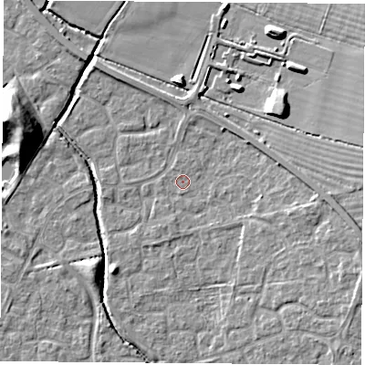 Shaded relief map of the ground around OX117SA, computed from Environment Agency LiDAR. The ground here sits at about 50 m above sea level and falls 16 m across the surrounding 800 m. Surface water reaching this point runs off ground lying to the east-south-east, 5.0 m higher.