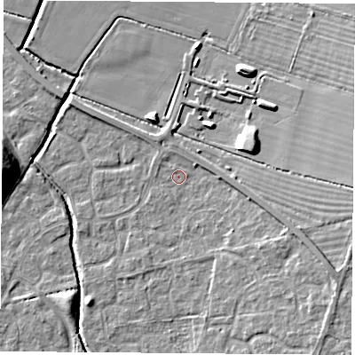 Shaded relief map of the ground around OX117SB, computed from Environment Agency LiDAR. The ground here sits at about 50 m above sea level and falls 14 m across the surrounding 800 m. Surface water reaching this point runs off ground lying to the east-south-east, 3.8 m higher.