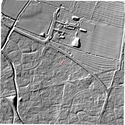 Shaded relief map of the ground around OX117SE, computed from Environment Agency LiDAR. The ground here sits at about 51 m above sea level and falls 9 m across the surrounding 800 m. Surface water reaching this point runs off ground lying to the east-south-east, 3.7 m higher.