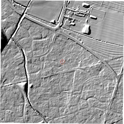Shaded relief map of the ground around OX117SG, computed from Environment Agency LiDAR. The ground here sits at about 50 m above sea level and falls 13 m across the surrounding 800 m. Surface water reaching this point runs off ground lying to the east-south-east, 4.9 m higher.