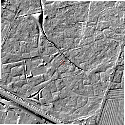 Shaded relief map of the ground around OX117SU, computed from Environment Agency LiDAR. The ground here sits at about 50 m above sea level and falls 9 m across the surrounding 800 m. Surface water reaching this point runs off ground lying to the west-south-west, 7.0 m higher.
