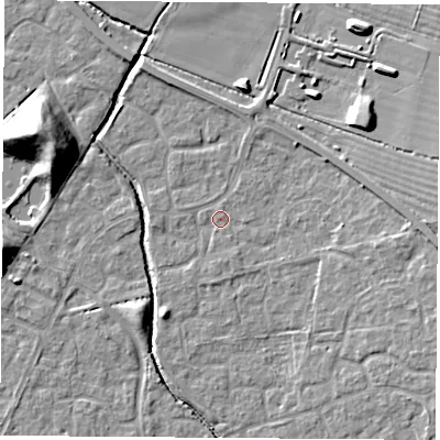 Shaded relief map of the ground around OX117TR, computed from Environment Agency LiDAR. The ground here sits at about 50 m above sea level and falls 16 m across the surrounding 800 m. Surface water reaching this point runs off ground lying to the south-south-east, 1.0 m higher.