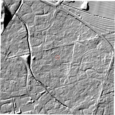 Shaded relief map of the ground around OX117TU, computed from Environment Agency LiDAR. The ground here sits at about 50 m above sea level and falls 15 m across the surrounding 800 m. Surface water reaching this point runs off ground lying to the east, 4.6 m higher.