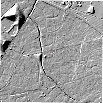 Shaded relief map of the ground around OX117TX, computed from Environment Agency LiDAR. The ground here sits at about 50 m above sea level and falls 16 m across the surrounding 800 m. Surface water reaching this point runs off ground lying to the south-west, 2.3 m higher.