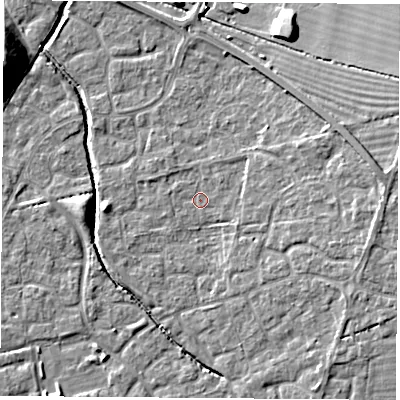 Shaded relief map of the ground around OX117UT, computed from Environment Agency LiDAR. The ground here sits at about 50 m above sea level and falls 14 m across the surrounding 800 m. Surface water reaching this point runs off ground lying to the east, 4.7 m higher.