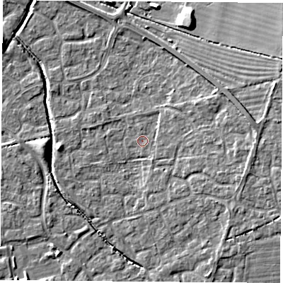 Shaded relief map of the ground around OX117UU, computed from Environment Agency LiDAR. The ground here sits at about 50 m above sea level and falls 8 m across the surrounding 800 m. Surface water reaching this point runs off ground lying to the north-east, 1.6 m higher.
