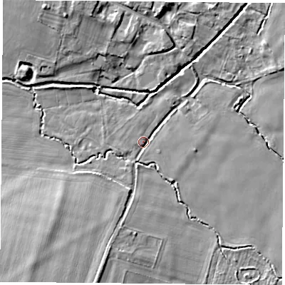 Shaded relief map of the ground around OX119AN, computed from Environment Agency LiDAR. The ground here sits at about 50 m above sea level and falls 10 m across the surrounding 800 m. Surface water reaching this point runs off ground lying to the south-west, 5.4 m higher.