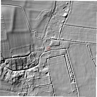 Shaded relief map of the ground around OX119BA, computed from Environment Agency LiDAR. The ground here sits at about 48 m above sea level and falls 13 m across the surrounding 800 m. Surface water reaching this point runs off ground lying to the west, 12.1 m higher.
