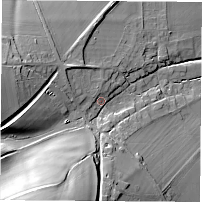 Shaded relief map of the ground around OX119HT, computed from Environment Agency LiDAR. The ground here sits at about 77 m above sea level and falls 51 m across the surrounding 800 m. Surface water reaching this point runs off ground lying to the south-south-west, 41.4 m higher.