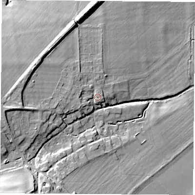 Shaded relief map of the ground around OX119JB, computed from Environment Agency LiDAR. The ground here sits at about 74 m above sea level and falls 28 m across the surrounding 800 m. Surface water reaching this point runs off ground lying to the west, 4.4 m higher.