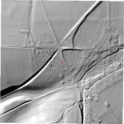 Shaded relief map of the ground around OX119JJ, computed from Environment Agency LiDAR. The ground here sits at about 83 m above sea level and falls 41 m across the surrounding 800 m. Surface water reaching this point runs off ground lying to the west-south-west, 21.2 m higher.