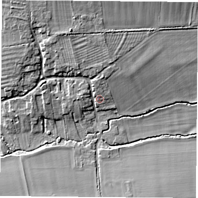 Shaded relief map of the ground around OX119LE, computed from Environment Agency LiDAR. The ground here sits at about 58 m above sea level and falls 10 m across the surrounding 800 m. Surface water reaching this point runs off ground lying to the north, 4.1 m higher.