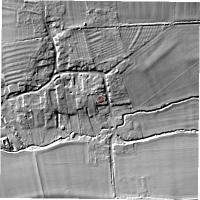 Shaded relief map of the ground around OX119LF, computed from Environment Agency LiDAR. The ground here sits at about 57 m above sea level and falls 10 m across the surrounding 800 m. Surface water reaching this point runs off ground lying to the north-north-west, 2.9 m higher.