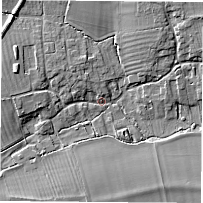Shaded relief map of the ground around OX119LN, computed from Environment Agency LiDAR. The ground here sits at about 57 m above sea level and falls 11 m across the surrounding 800 m. Surface water reaching this point runs off ground lying to the west-north-west, 8.8 m higher.