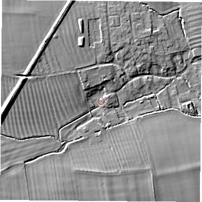 Shaded relief map of the ground around OX119ND, computed from Environment Agency LiDAR. The ground here sits at about 58 m above sea level and falls 13 m across the surrounding 800 m. Surface water reaching this point runs off ground lying to the north-west, 5.3 m higher.