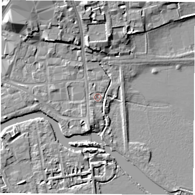 Shaded relief map of the ground around OX11BN, computed from Environment Agency LiDAR. The ground here sits at about 56 m above sea level and falls 10 m across the surrounding 800 m. Surface water reaching this point runs off ground lying to the north-north-west, 8.9 m higher.