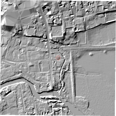 Shaded relief map of the ground around OX11DB, computed from Environment Agency LiDAR. The ground here sits at about 57 m above sea level and falls 11 m across the surrounding 800 m. Surface water reaching this point runs off ground lying to the east-north-east, 0.7 m higher.