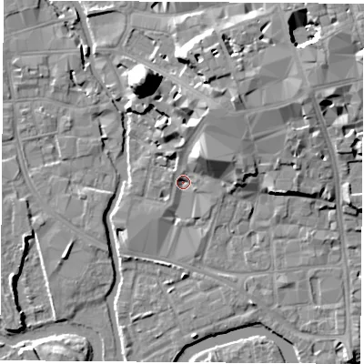 Shaded relief map of the ground around OX11DN, computed from Environment Agency LiDAR. The ground here sits at about 56 m above sea level and falls 22 m across the surrounding 800 m. Surface water reaching this point runs off ground lying to the north-north-east, 6.9 m higher.