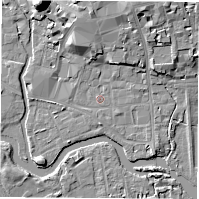 Shaded relief map of the ground around OX11EZ, computed from Environment Agency LiDAR. The ground here sits at about 57 m above sea level and falls 22 m across the surrounding 800 m. Surface water reaching this point runs off ground lying to the south-east, 1.4 m higher.