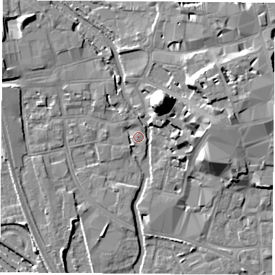 Shaded relief map of the ground around OX11HD, computed from Environment Agency LiDAR. The ground here sits at about 57 m above sea level and falls 22 m across the surrounding 800 m. Surface water reaching this point runs off ground lying to the north-west, 1.8 m higher.